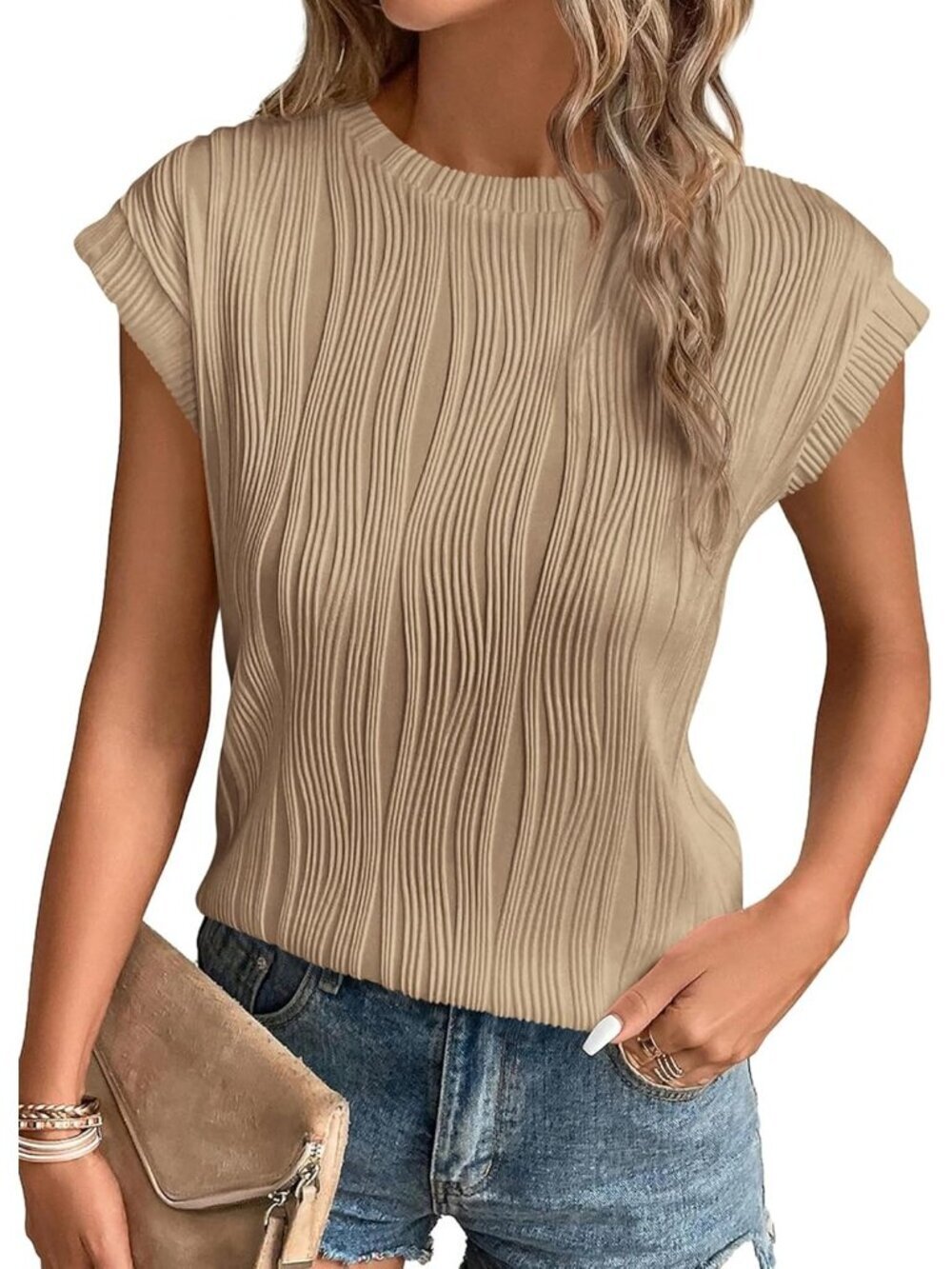 Women's Khaki Cap Sleeve Blouses Pull On Imported Casual Tops Shirts
